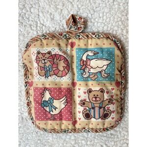 Vintage Franco Quilted Pot Holder Animal Cat Goose Hen Bear Country Cottage Core